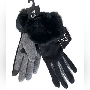 NWT Echo NY Black Gray Faux Fur Wool Cashmere Stretch Text & Touchscreen Gloves